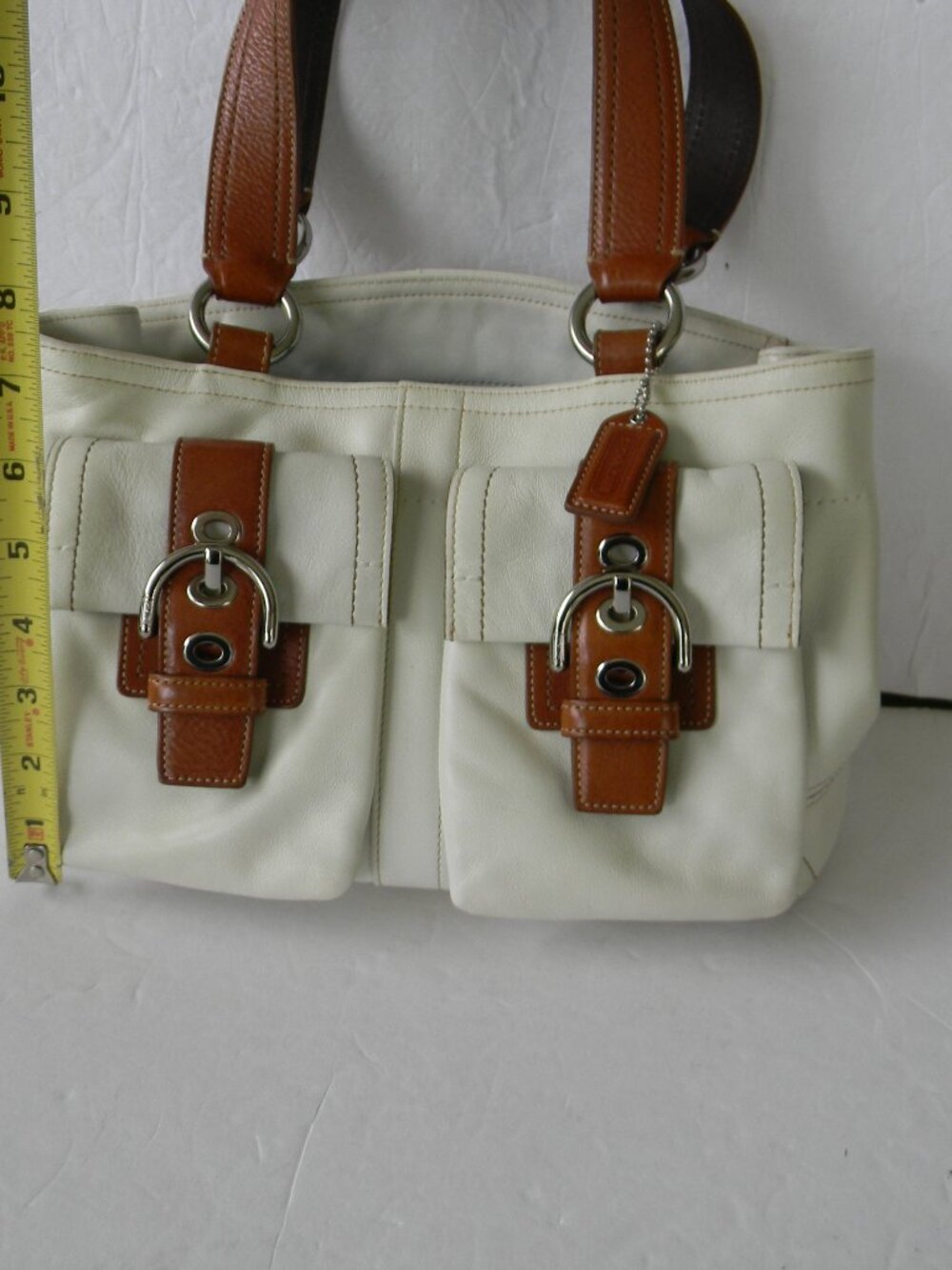 COACH Soho White&Tan Leather Buckle DOUBLE POCKET Bag F08A09 Y2K - Picture 3 of 8